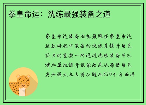 拳皇命运：洗练最强装备之道